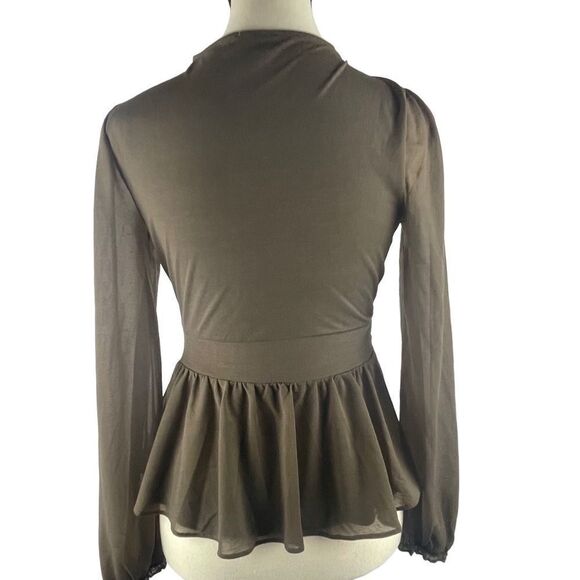 Express Peplum top brown olive green blouse long sheer sleeves v-neck sz XS - Picture 2 of 8